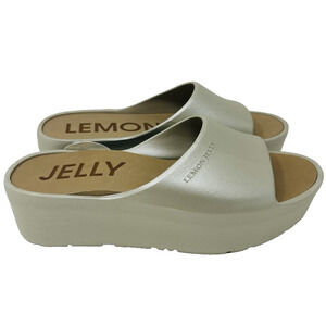Lemon Jelly Platform Sandals Size 40 9/9.5 Gold Shiny Slides Slip On Vegan